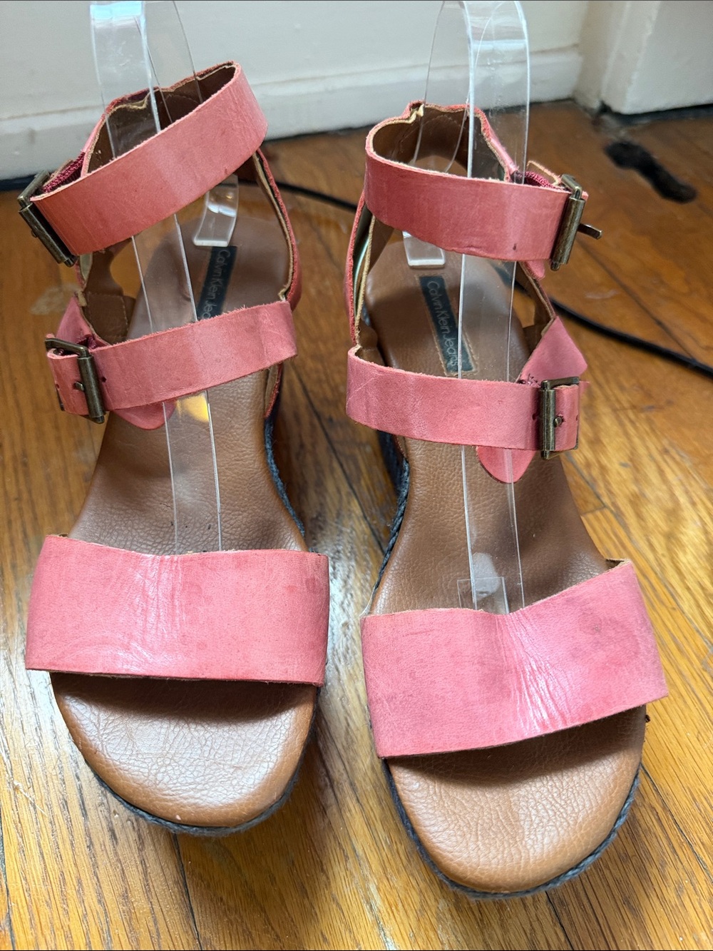 Calvin Klein Jeans Coral Pink/Gray Braided Strappy Platform Wedge Sandals